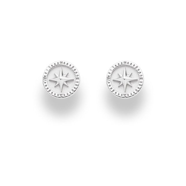 Ohrstecker "Kompassrose 2.0" aus poliertem, rhodiniertem 925er Sterling-Silber, mit mattem Inneren.