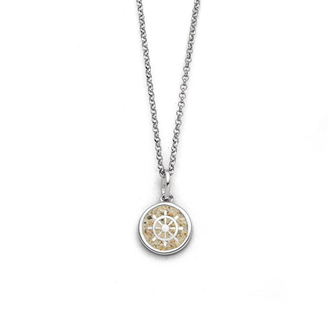 Steuerrad-Anhänger in Strandsand an rhodinierter Erbskette, 925er Sterling-Silber, 45 cm.