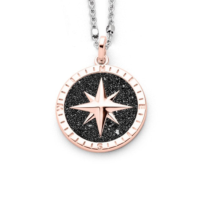 Anhänger "Kompassrose 2.0" aus poliertem, rosévergoldetem 925er Sterling-Silber, mit echtem Lavasand gefüllt.