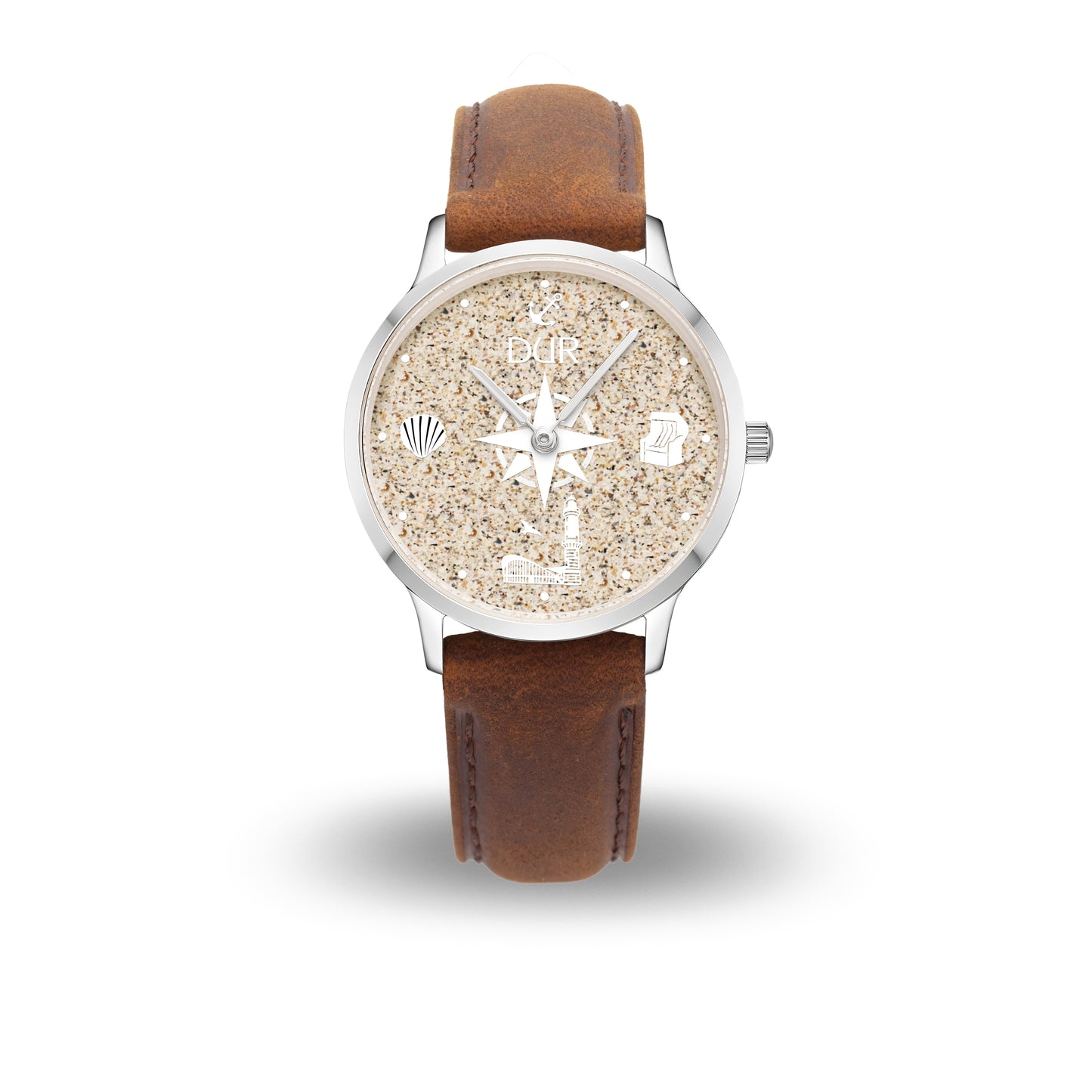 DUR Uhr 40er "Warnemünde" Strandsand, Lederband braun
