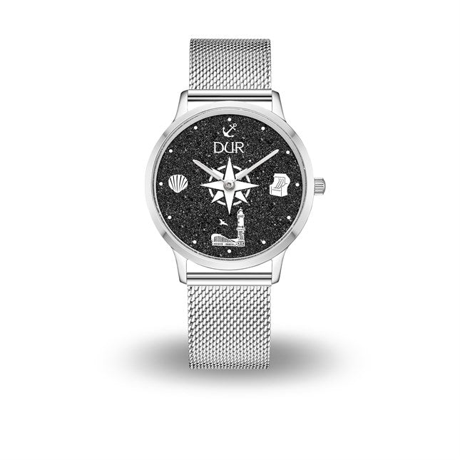DUR Uhr 40er "Warnemünde" Lavasand, Mesh Band Edelstahl