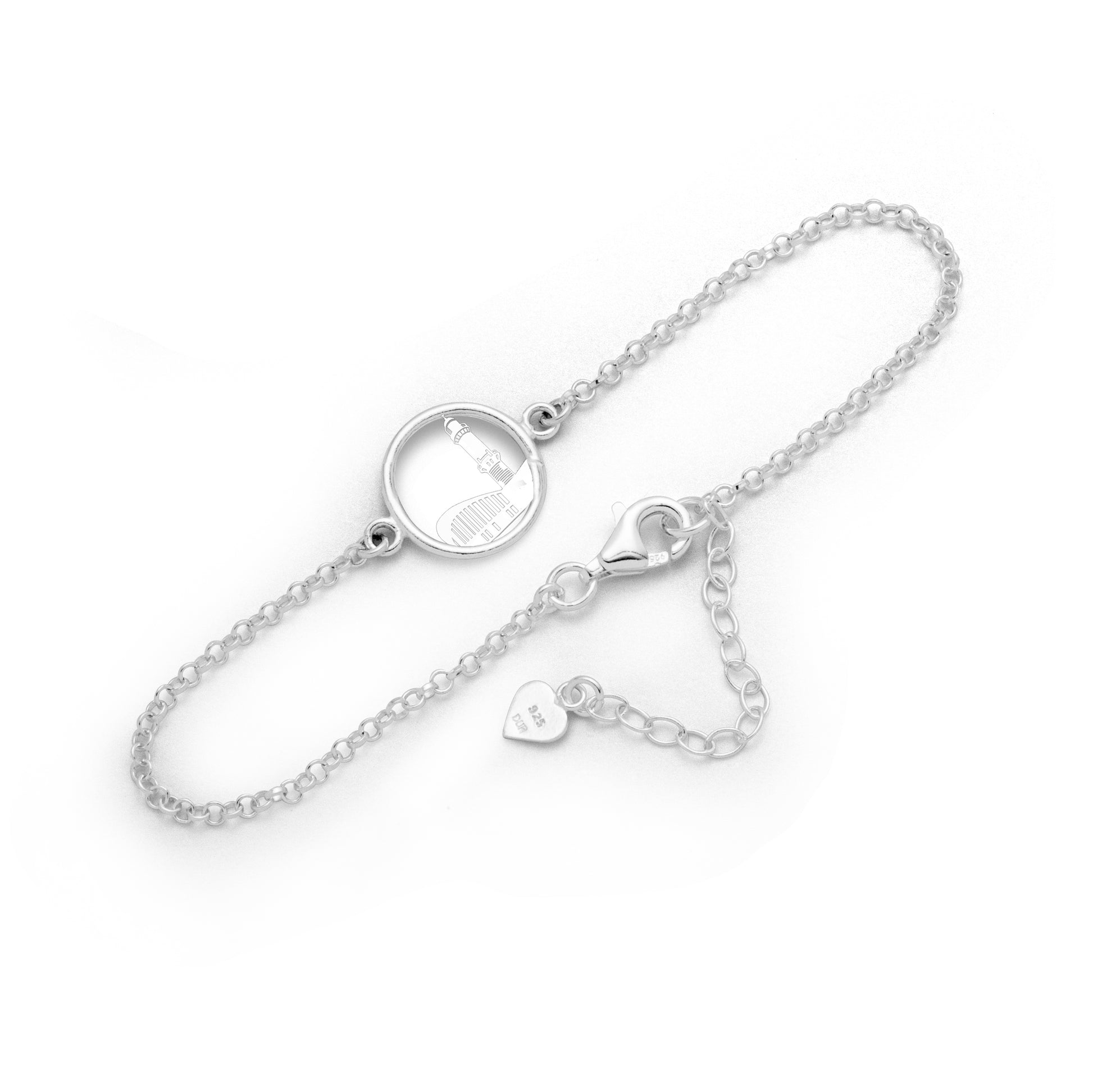 Erbsarmband aus 925er Sterling-Silber mit Warnemünder Teepott und Leuchtturm.