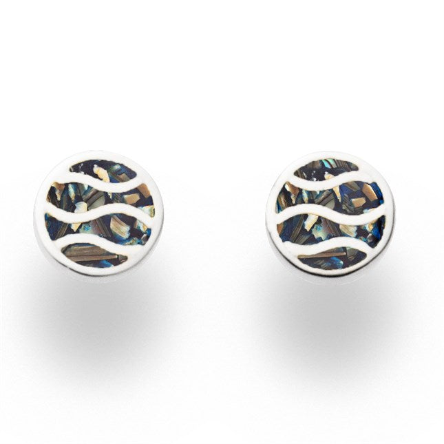 Ohrstecker "Strandwellen" aus 925er Sterlingsilber, rund mit Wellenmuster und gefüllt mit Mosaik-Seeopal.