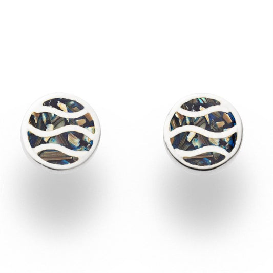 Ohrstecker "Strandwellen" aus 925er Sterlingsilber, rund mit Wellenmuster und gefüllt mit Mosaik-Seeopal.