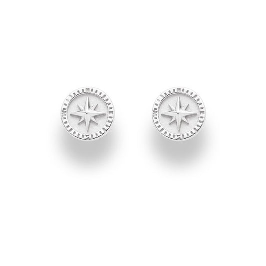 Ohrstecker "Kompassrose 2.0" aus poliertem, rhodiniertem 925er Sterling-Silber, mit mattem Inneren.