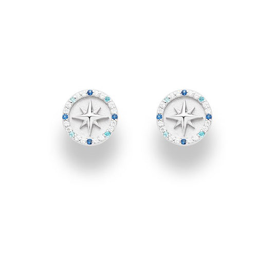 Ohrstecker "Kompassrose 2.0" aus rhodiniertem 925er Sterling-Silber, mit Zirkoniasteinen in Weiß, Hellblau und Dunkelblau besetzt, innen mattiert.