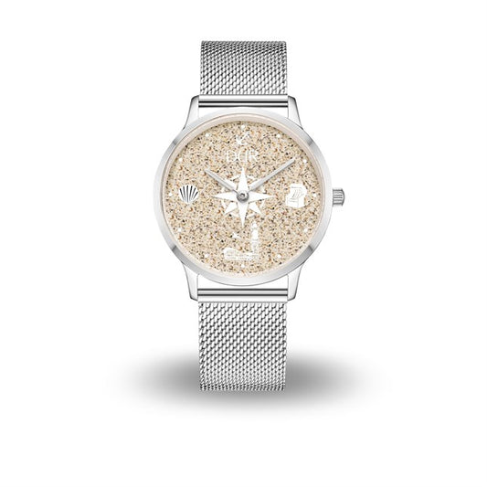 DUR Schmuck: Uhr 40er "Warnemünde" Strandsand, Mesh Band Edelstahl