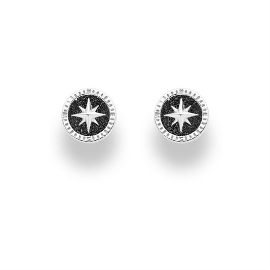 Ohrstecker "Kompassrose 2.0" aus poliertem, rhodiniertem 925er Sterling-Silber, mit Lavasand gefüllt.