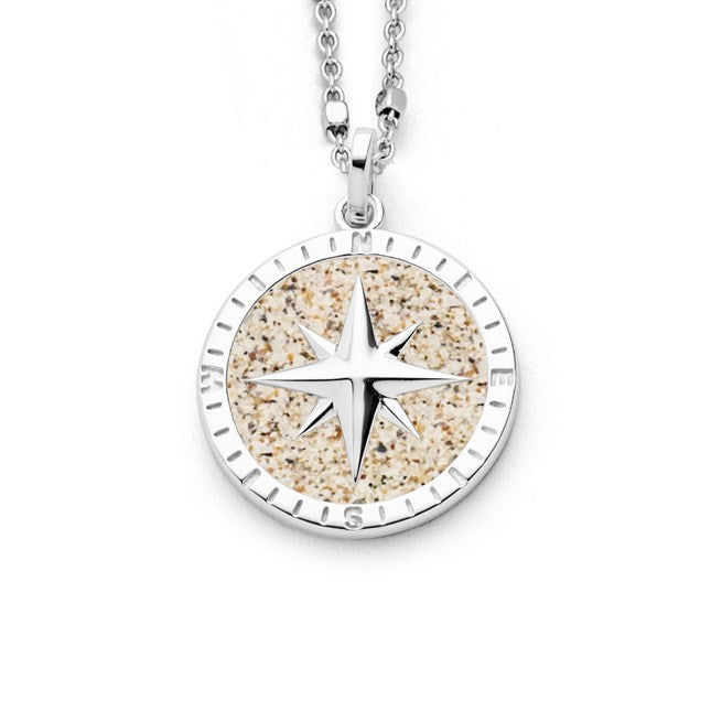 Anhänger "Kompassrose" aus rhodiniertem 925er Sterling-Silber, mit echtem Strandsand gefüllt, 20 mm Durchmesser, filigranes Design mit polierten und rauen Oberflächen.