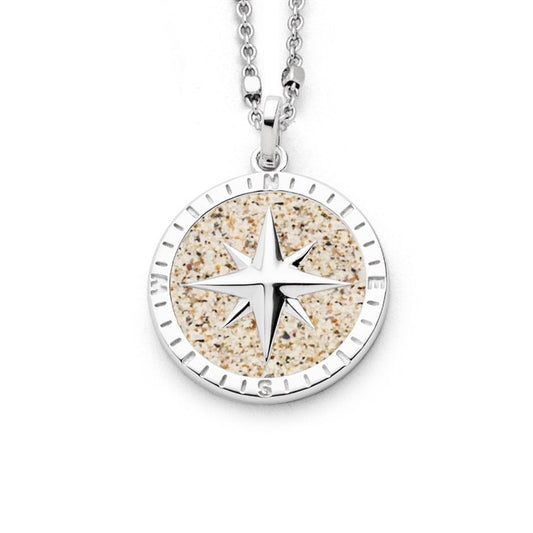 Anhänger "Kompassrose" aus rhodiniertem 925er Sterling-Silber, mit echtem Strandsand gefüllt, 20 mm Durchmesser, filigranes Design mit polierten und rauen Oberflächen.