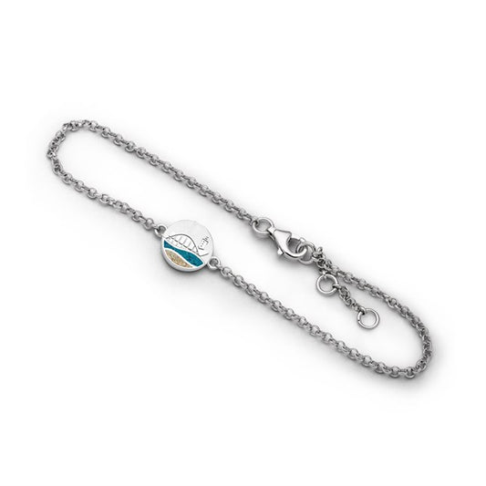 Silberarmband mit Leuchtturm & Teepott, Wellen aus Strandsand und blauem Steinsand