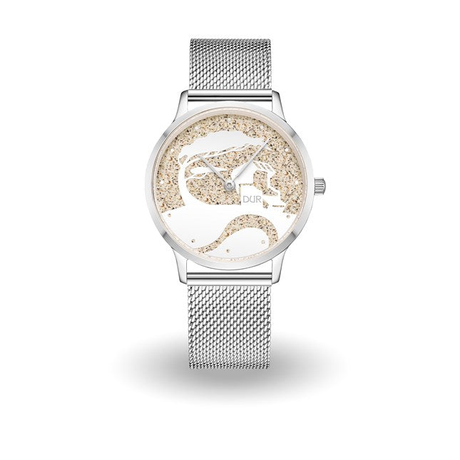 DUR Uhr 40er "Küste" Strandsand, Mesh Band Edelstahl