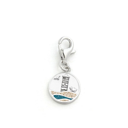 Zierlicher Charm mit Karabiner „Strandwellen“, Pilsumer Leuchtturm, Schaf, Möwe, Strandsand und blauem Steinsand, Silber