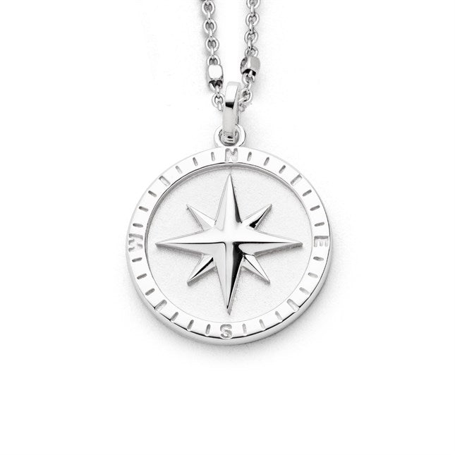 Runder Anhänger "Kompassrose 2.0" aus poliertem, rhodiniertem 925er Sterling-Silber, mit mattierter Innenfläche.