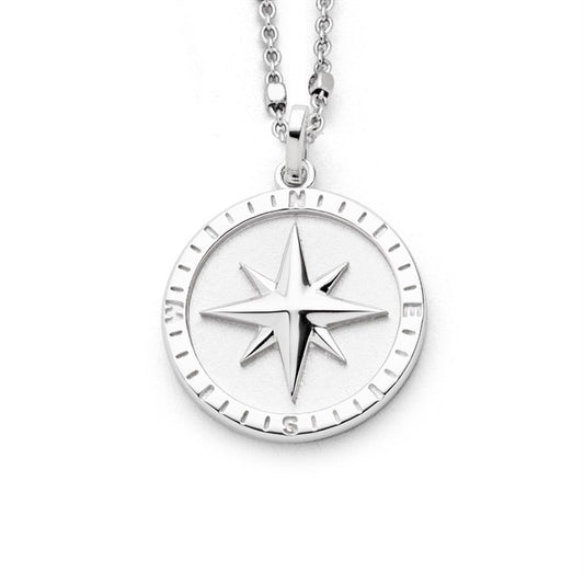 Runder Anhänger "Kompassrose 2.0" aus poliertem, rhodiniertem 925er Sterling-Silber, mit mattierter Innenfläche.
