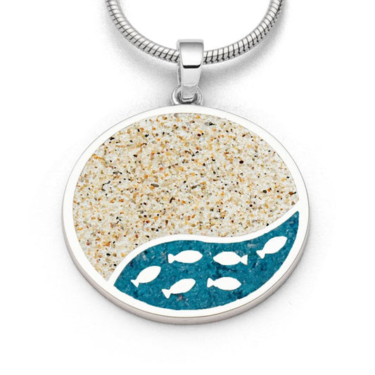 Runder Anhänger 25 mm mit Fischschwarm im blauen Steinsand, Strandsand, Silber