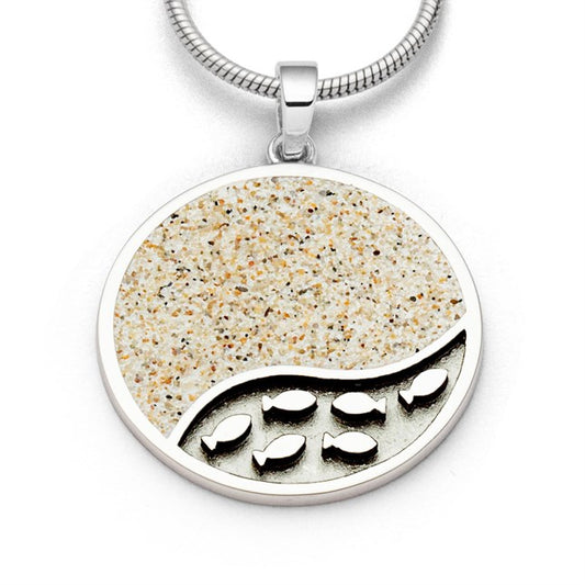 Runder Anhänger 25 mm mit Strandsand oben, Fischschwarm auf dunkel rhodiniertem Hintergrund, Silber